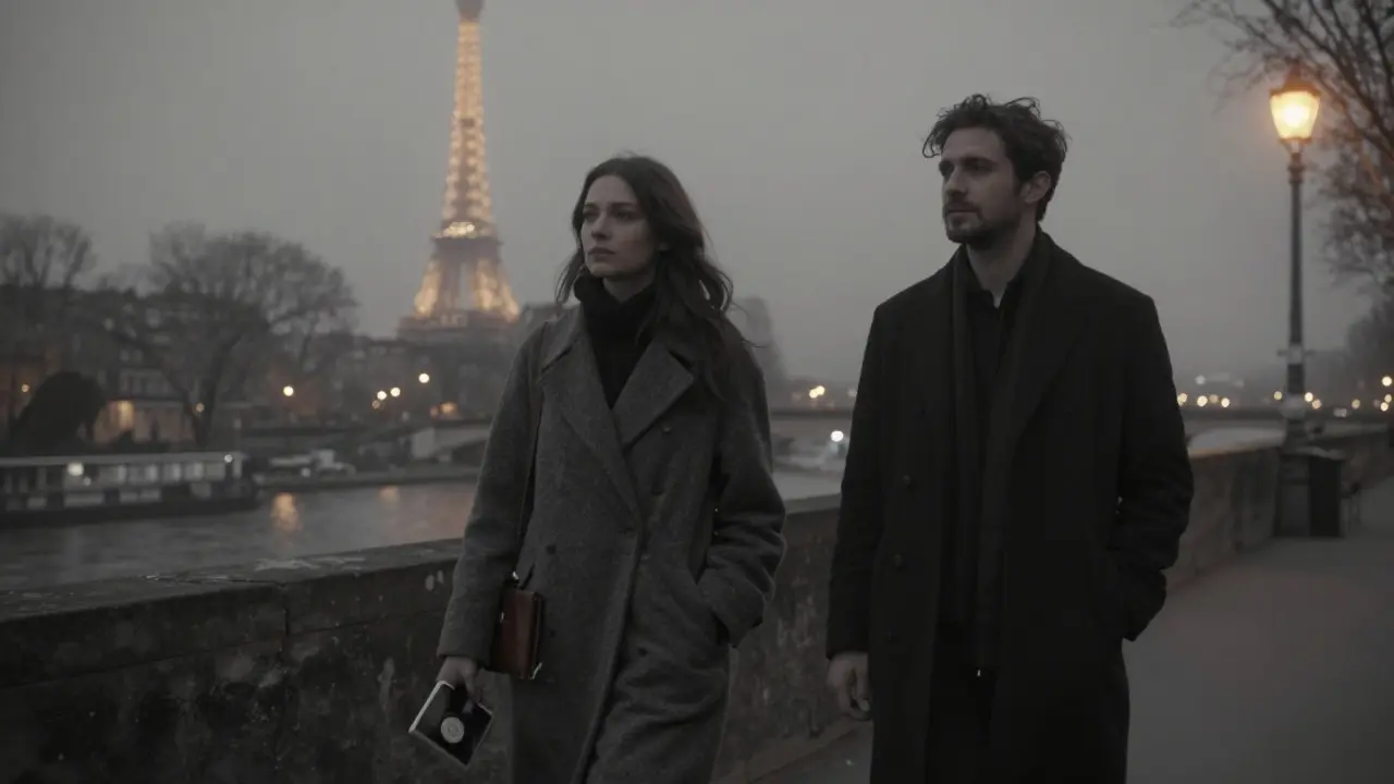 A man and woman walk silently along the Seine at night, the Eiffel Tower glowing faintly behind them under a misty sky.