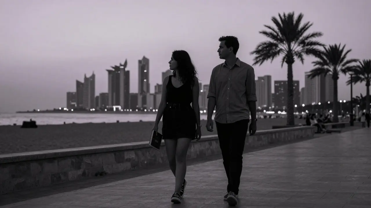 A man and woman walking silently along the Corniche at twilight, city lights behind them.