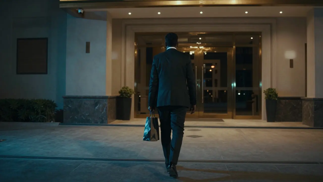 A man leaving a luxury hotel at night holding a gift bag, no escort visible, security cameras overhead in the shadows.