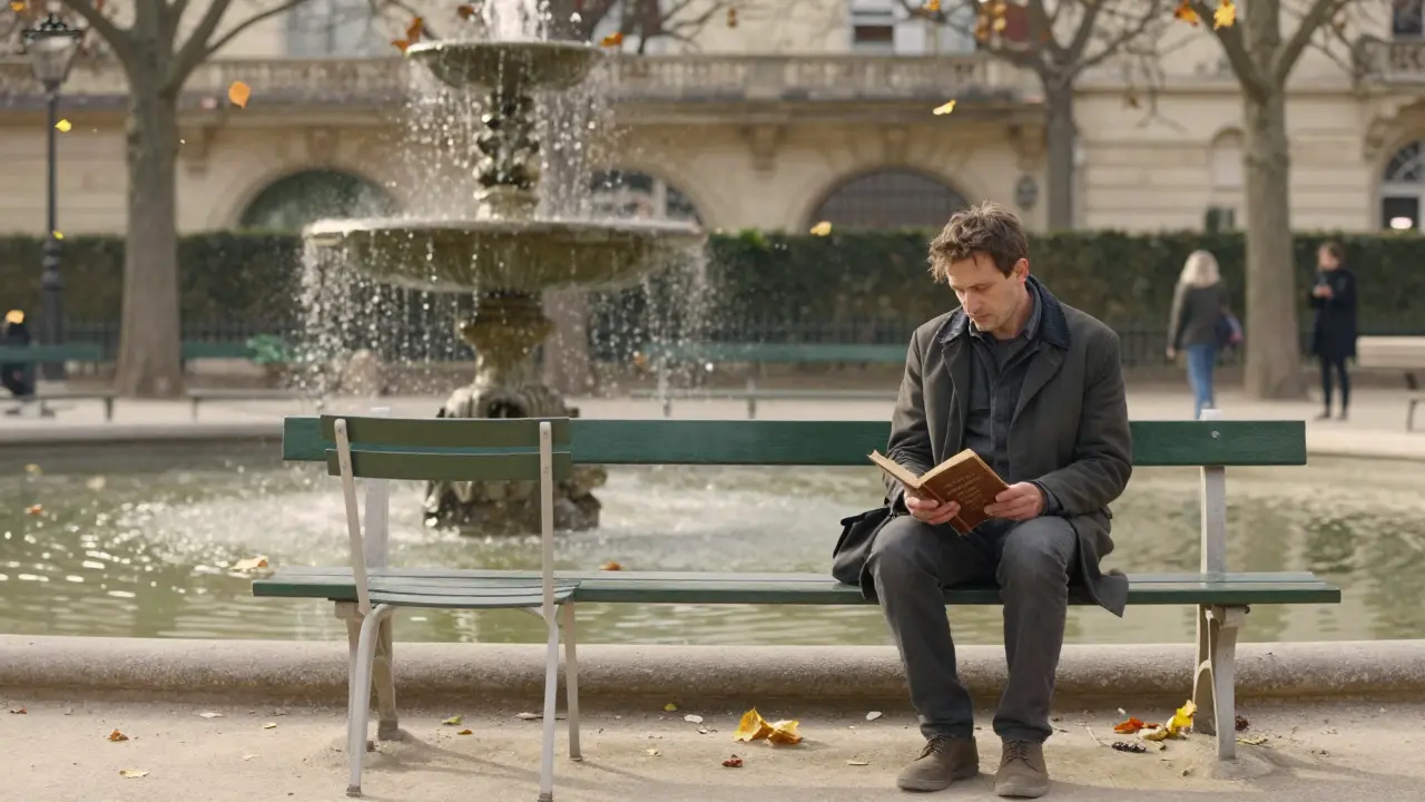 A man sits alone on a bench in Tuileries Garden, poetry in hand, an empty chair beside him.