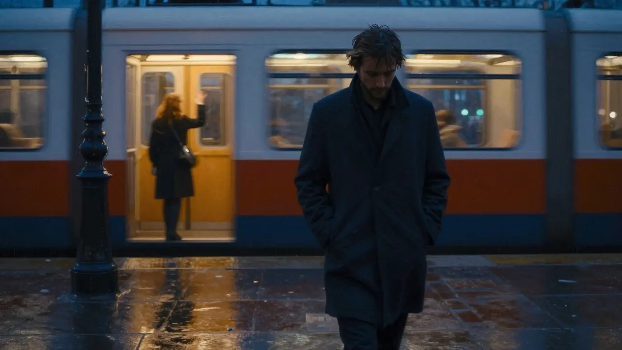 A man walking alone in rain-soaked Paris at night, woman waving goodbye from a lit doorway in the background.