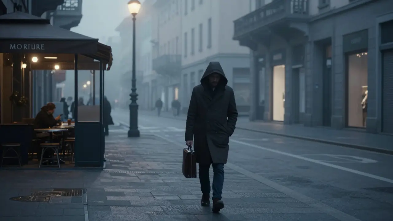 A person walks alone through a misty Milan street at dawn, coat pulled tight, face in shadow, city still asleep.