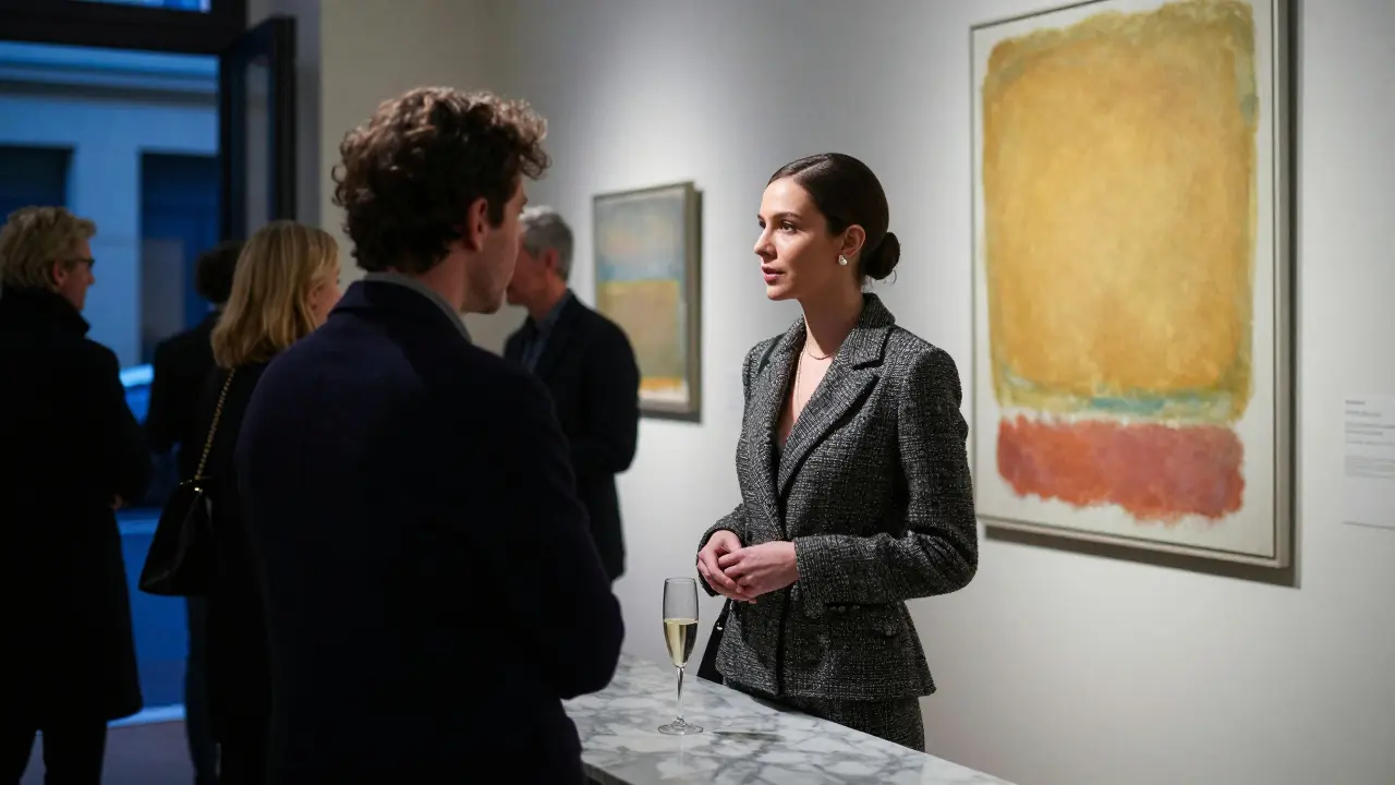A poised woman converses with a client at a private gallery opening in Saint-Germain-des-Prés, surrounded by art and soft lighting.