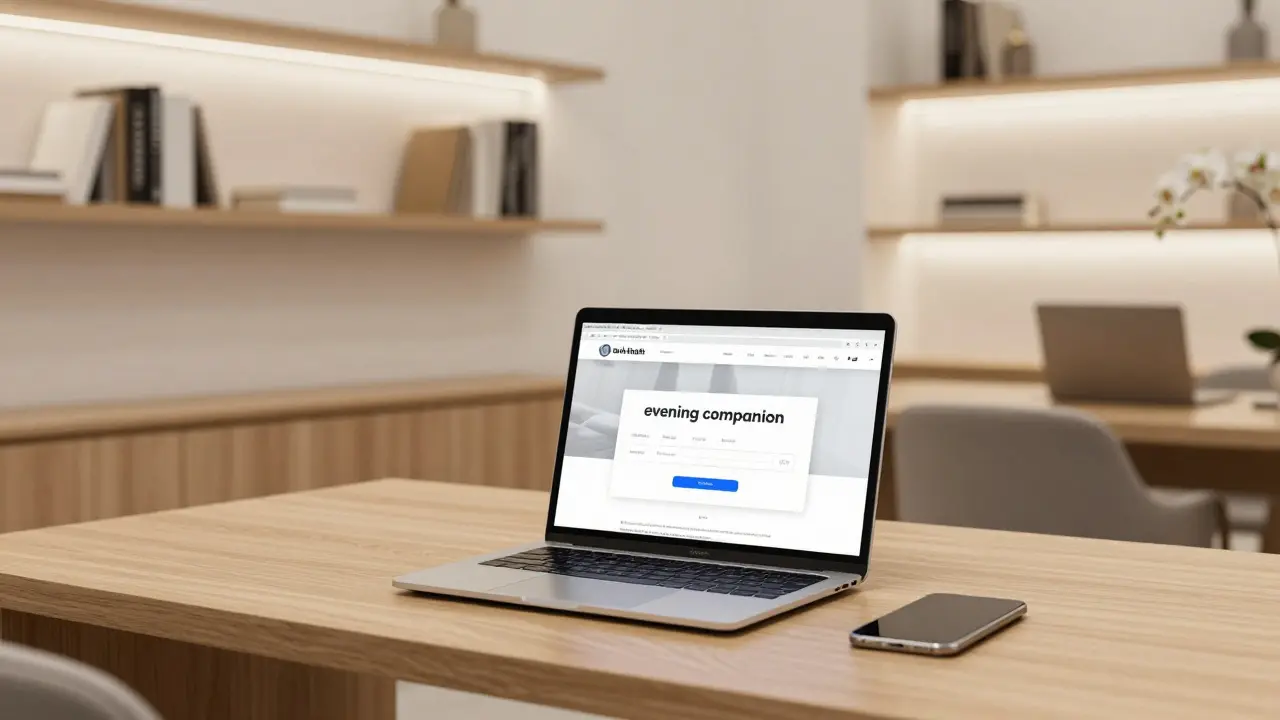 A professional agency office with a discreet website on screen, bank transfer confirmation, and minimalist decor in Abu Dhabi.