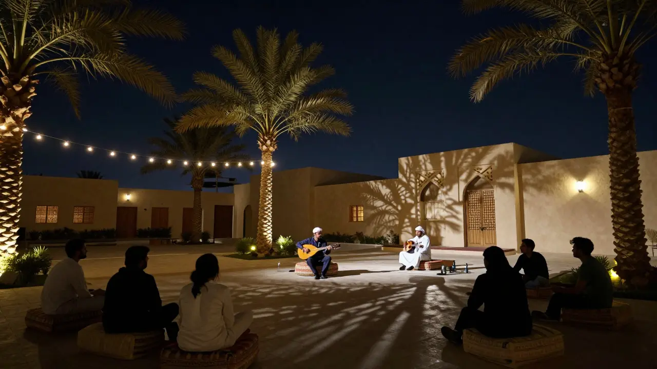 A quiet courtyard at night with an oud player and listeners under string lights and stars.