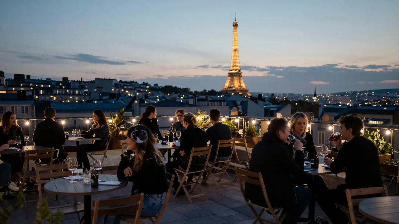 A quiet rooftop terrace in Paris with string lights and city views, locals sipping wine at night.