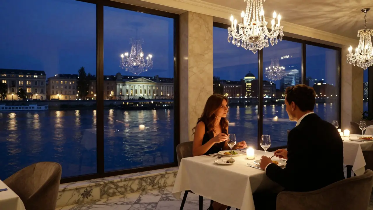 A romantic dinner at Das Restaurant with views of the Spree River and city lights at night.
