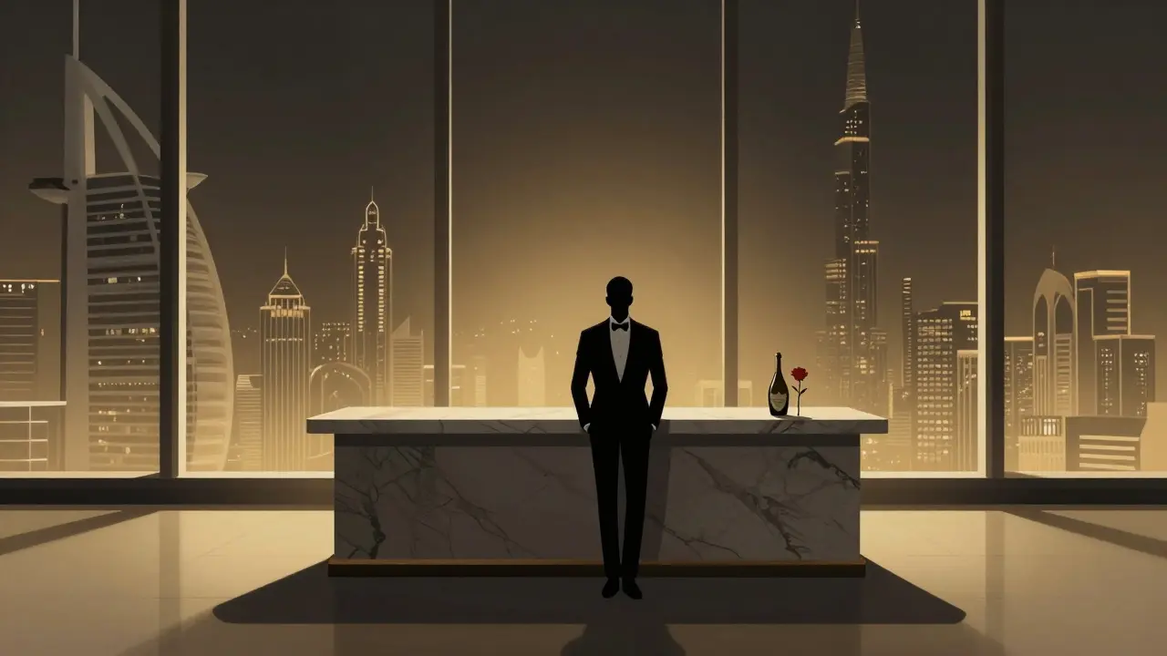 A solitary figure at a high-end bar overlooking Dubai's skyline, golden light reflecting off marble and glass.