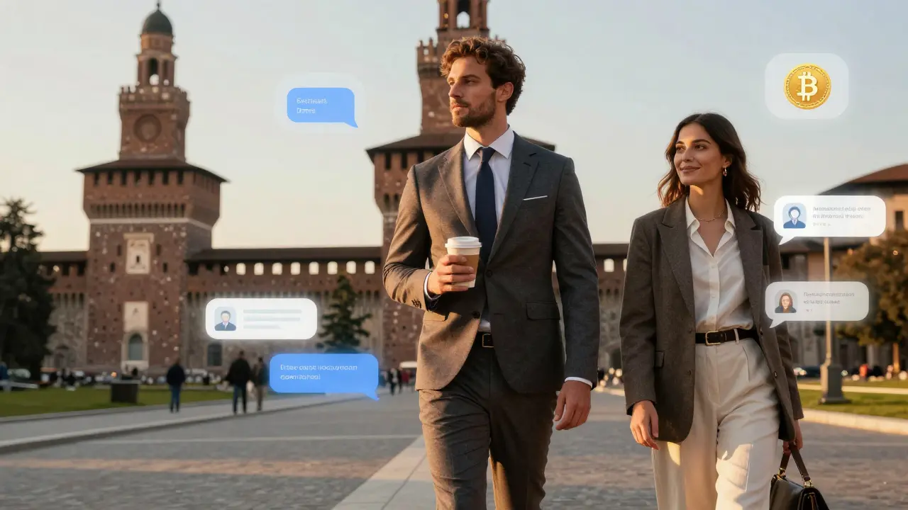 A stylish couple walking through Sforza Castle, surrounded by subtle digital icons representing virtual companionship and encrypted communication.