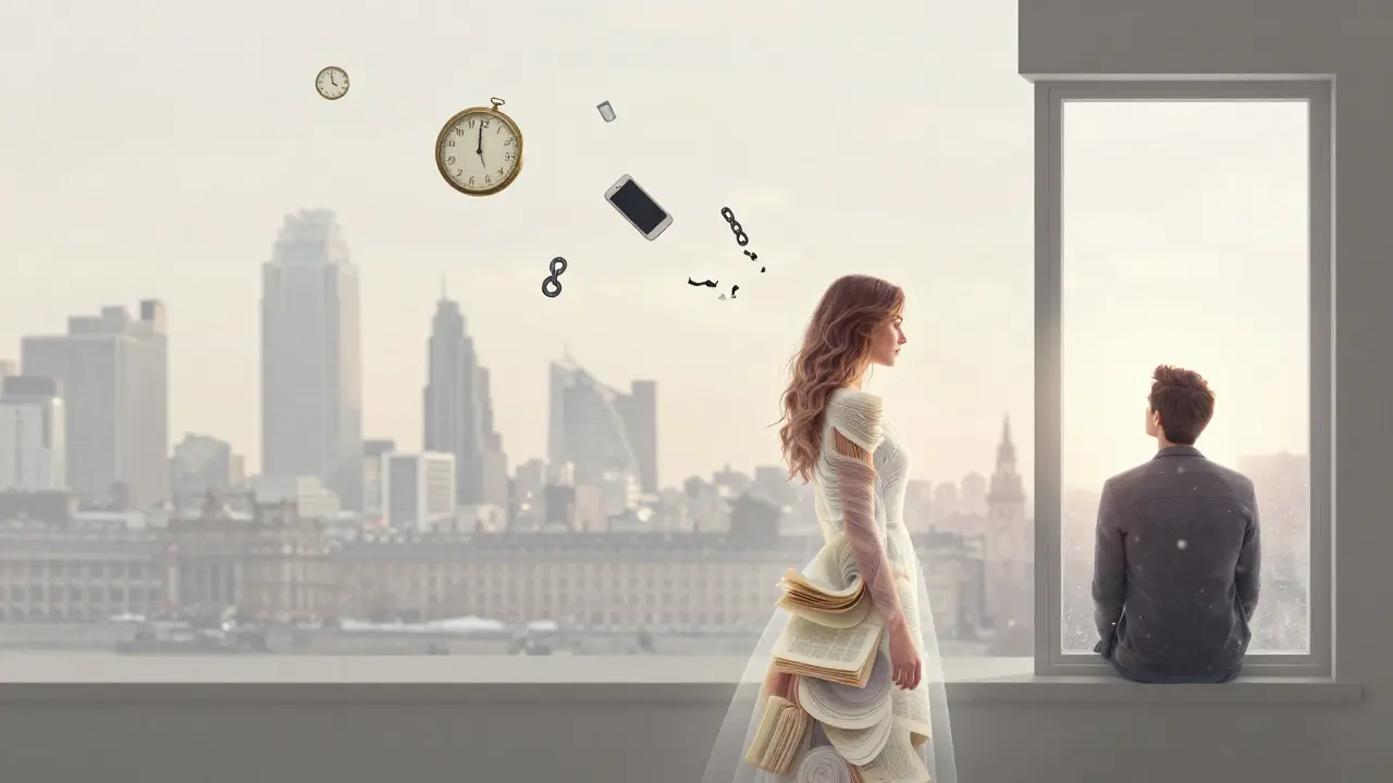 A translucent woman made of books and light stands beside a man at dawn, snow falling, emotional burdens drifting away.