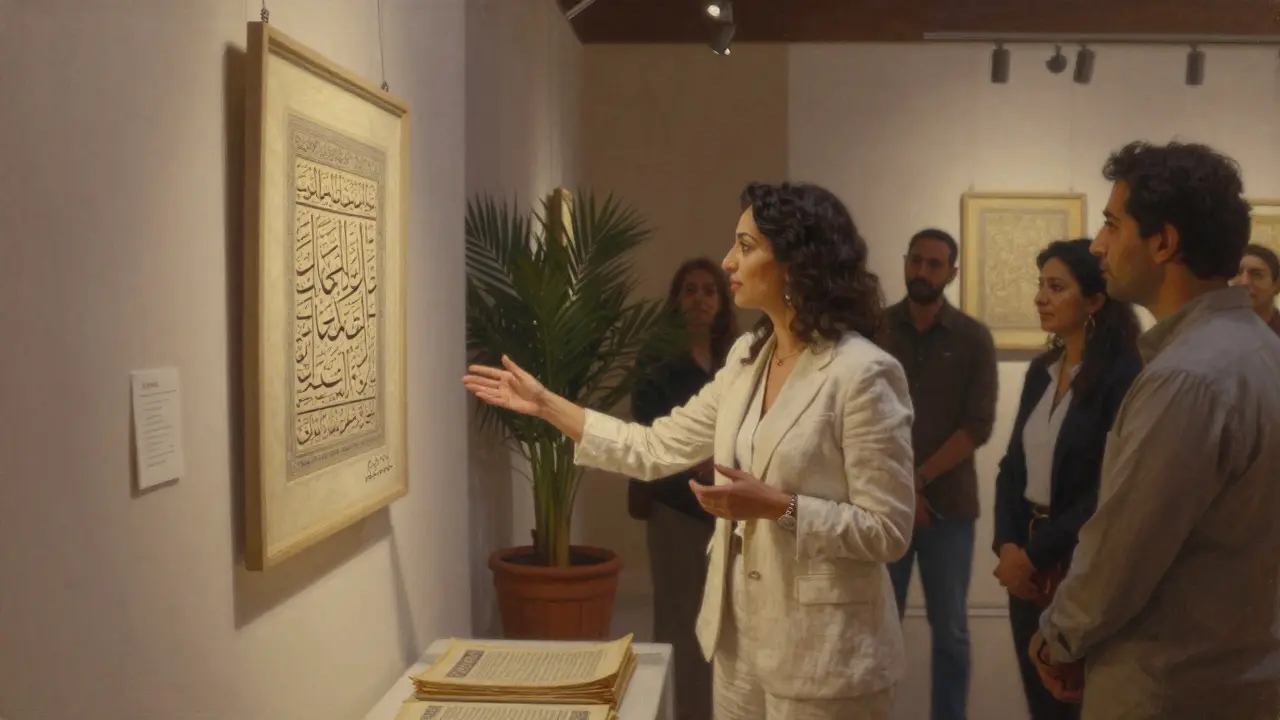 A well-dressed woman guiding guests through Arabic calligraphy in a dimly lit art gallery at dusk.