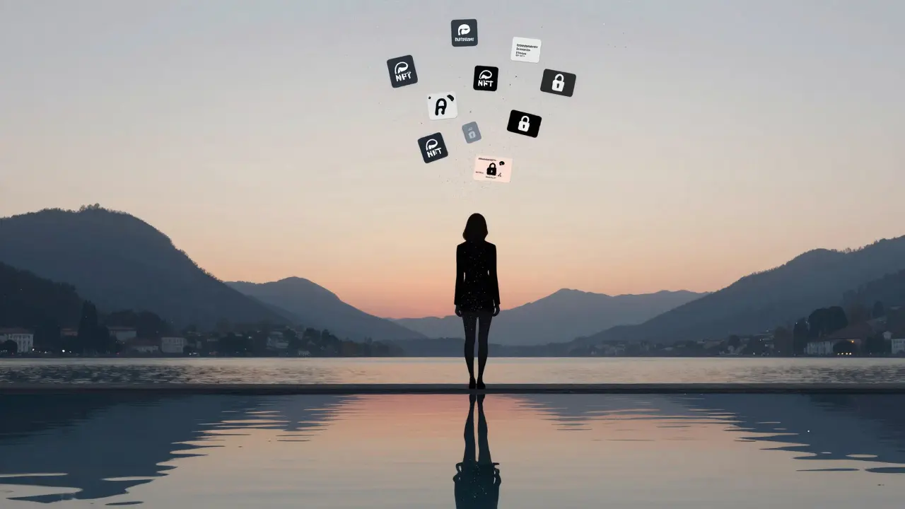 A woman’s silhouette dissolving into digital symbols above Lake Como, reflecting her identity as an independent professional in the modern escort industry.