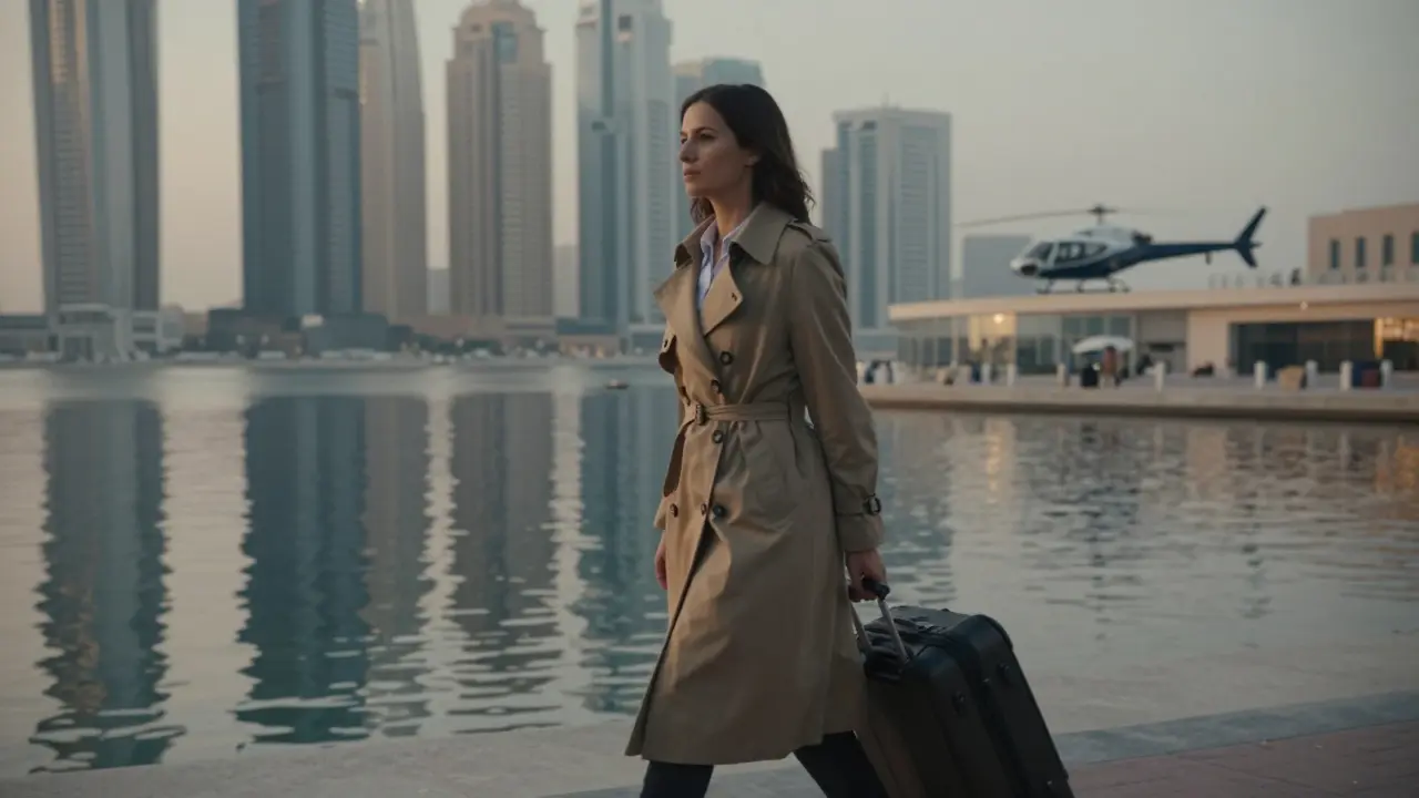 A woman walks alone at dawn along Dubai’s marina, suitcase in hand, as a private helicopter hovers in the distant skyline.