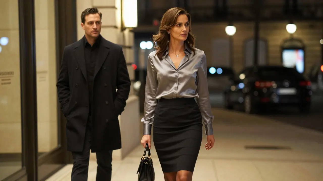 A woman walks away from a hotel, leaving a client behind, as Paris lights glow in the night.