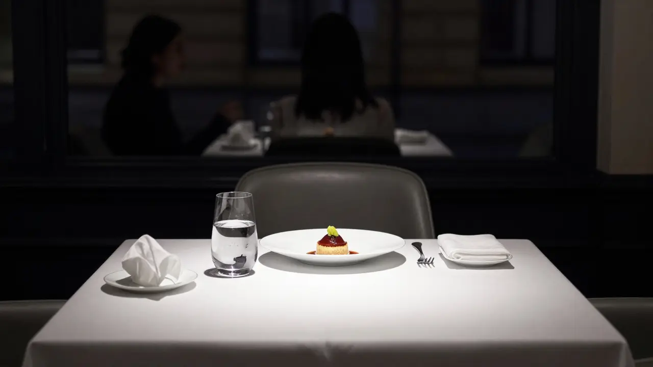 An empty dining chair at a luxury restaurant, a tissue and half-drunk glass of water on the table.