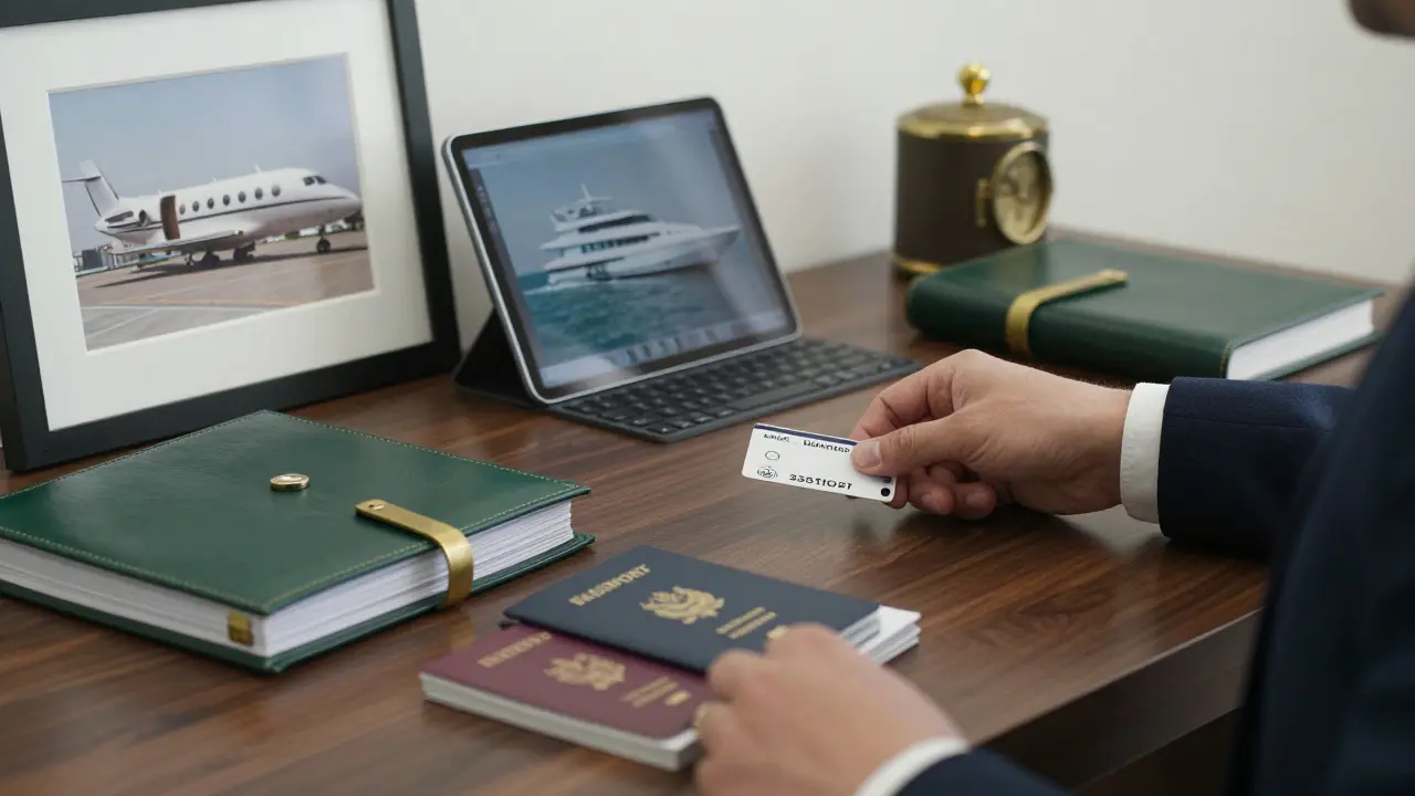 An exclusive concierge office with leather ledgers and encrypted devices, implying hidden operations and discreet client management.