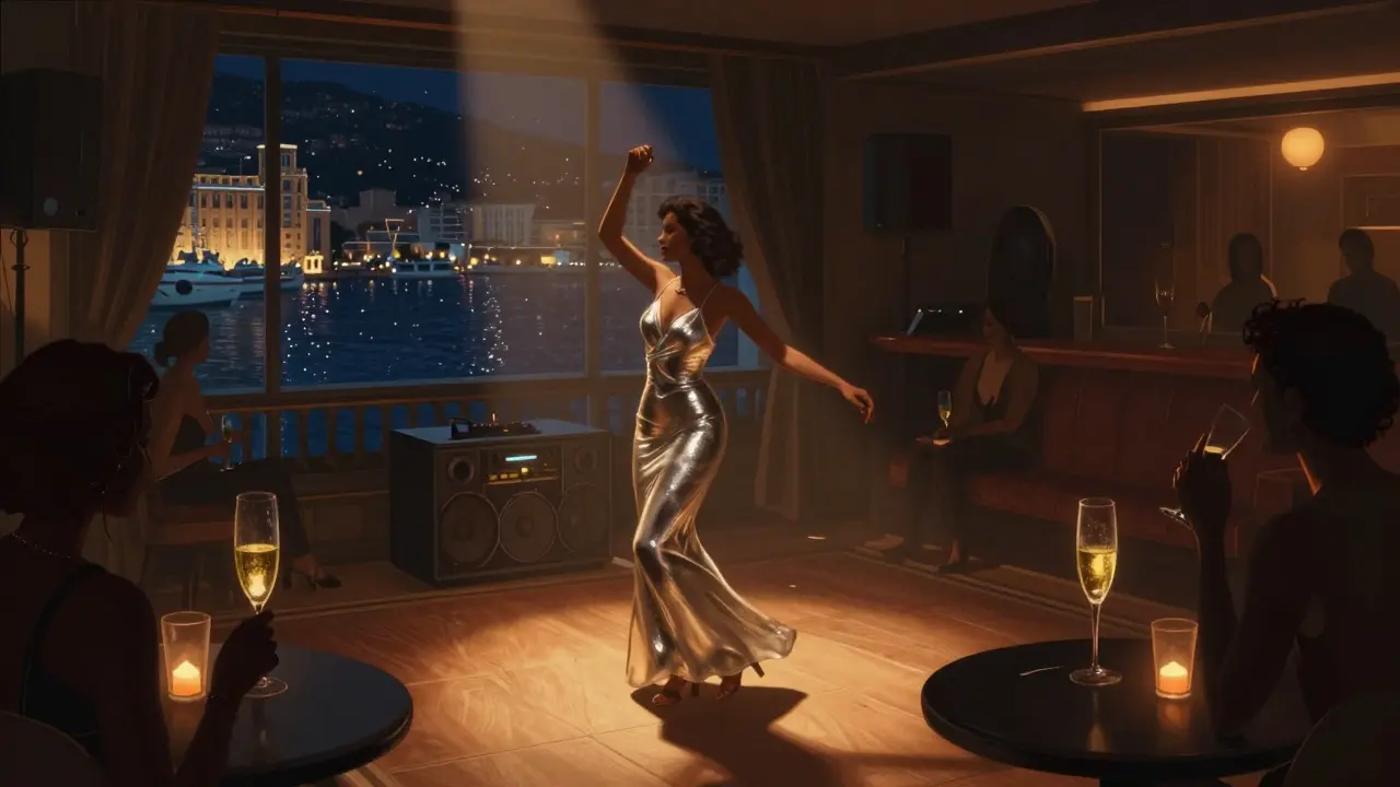 An intimate nightclub interior with a woman dancing in silver, surrounded by shadowy guests, no phones visible, harbor lights twinkling outside.