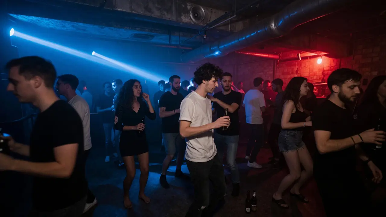 An underground techno club with fog, strobe lights, and dancers on concrete floor in Paris.