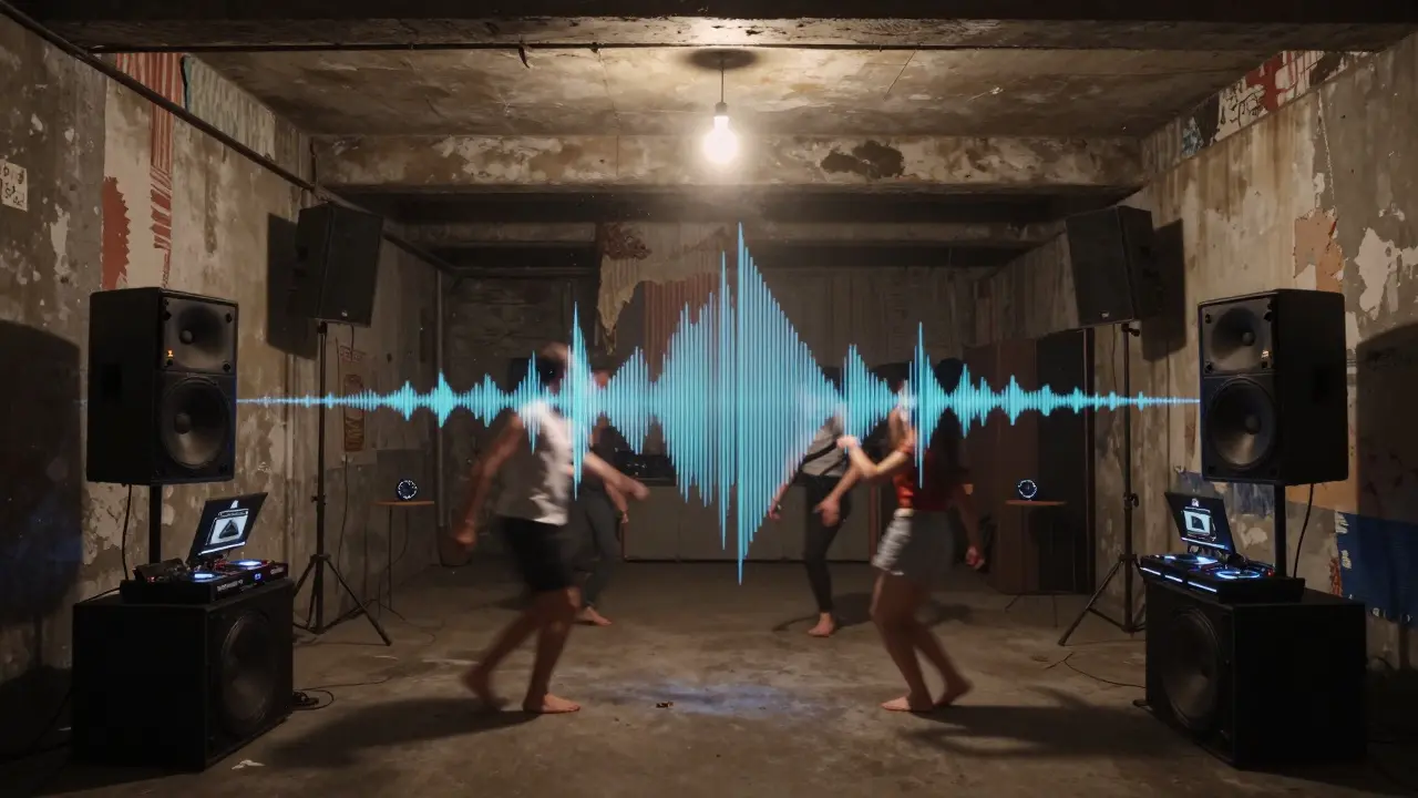An underground warehouse club where sound waves ripple through the air as dancers move to experimental Turkish beats.