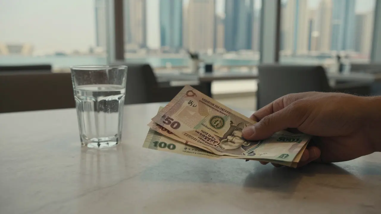 Cash payment on a marble table at a Dubai café with skyline visible through the window.
