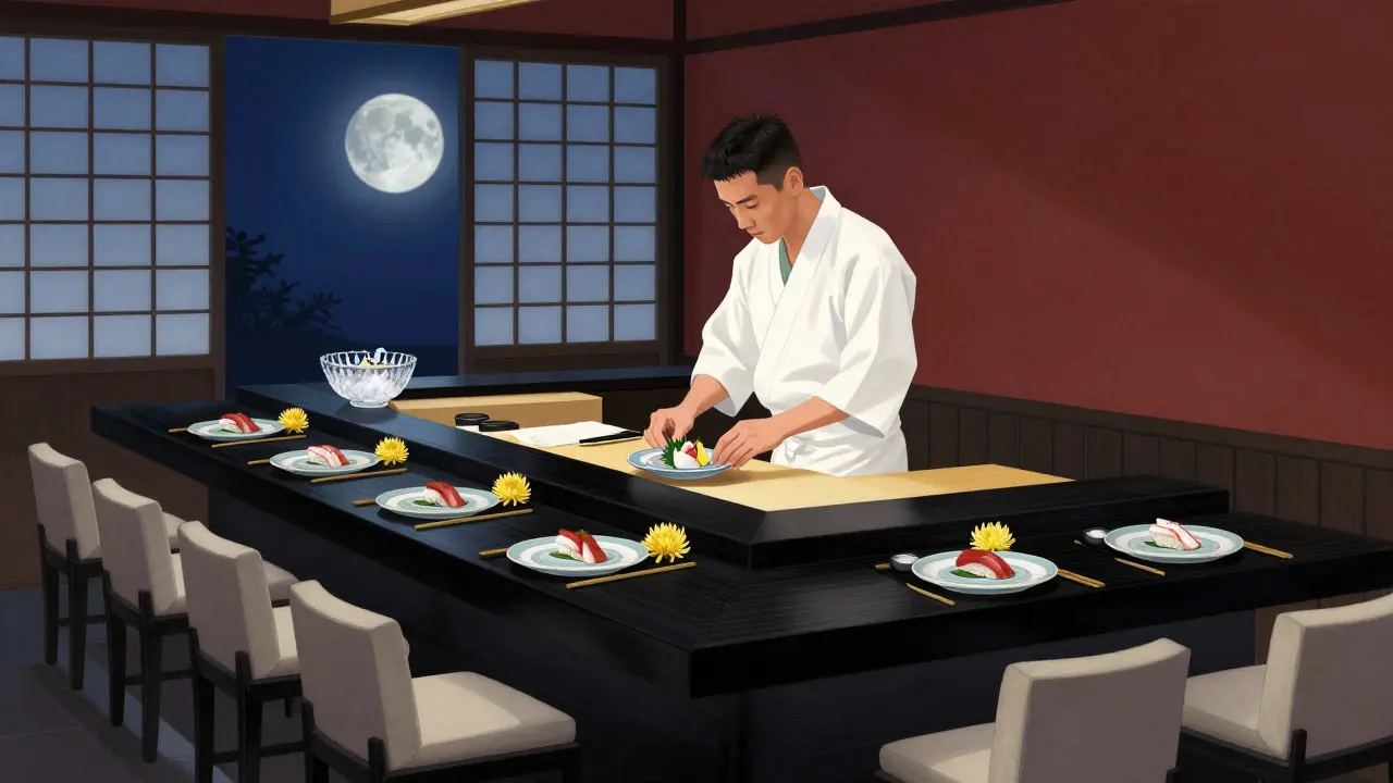 Chef preparing sushi at The Araki in serene, minimalist Japanese style.