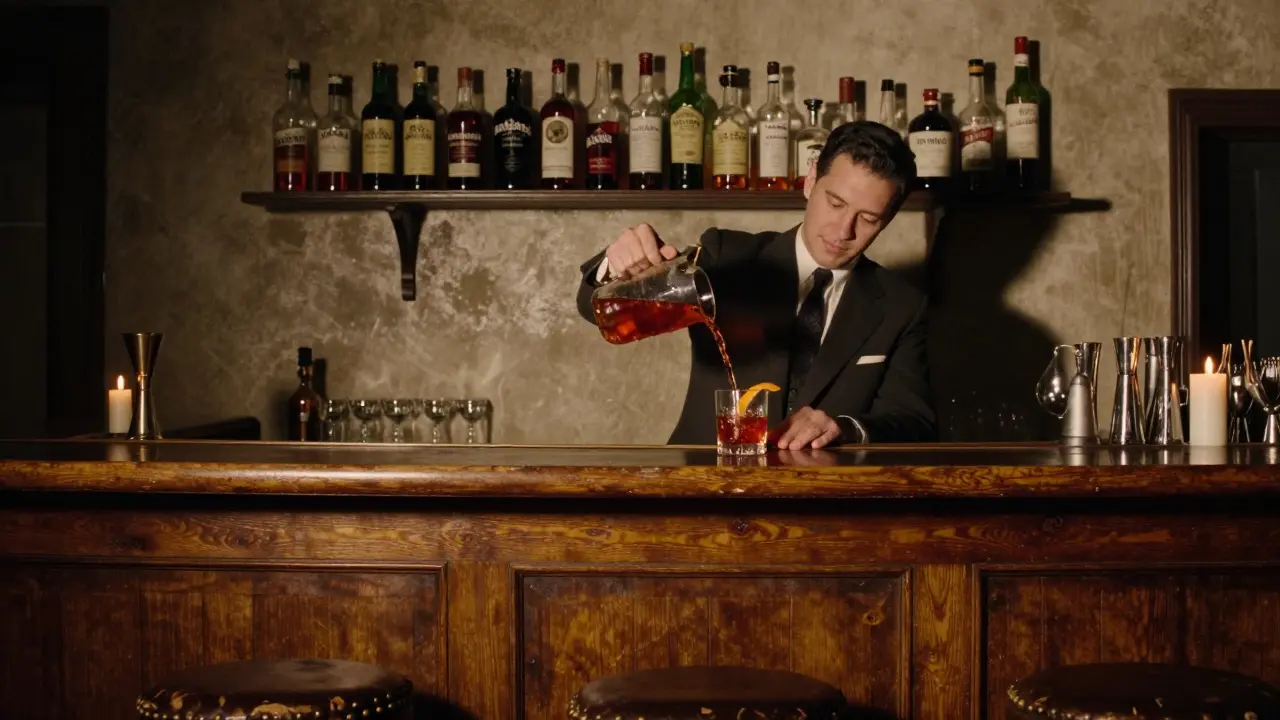 Classic bar counter with bartender pouring a Negroni, warm candlelight and vintage bottles.