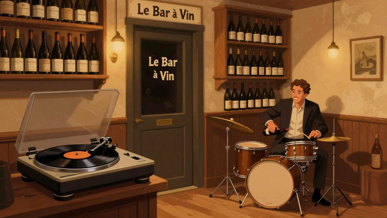 Cozy hidden wine bar with a vintage turntable and bottles of wine in warm amber lighting.
