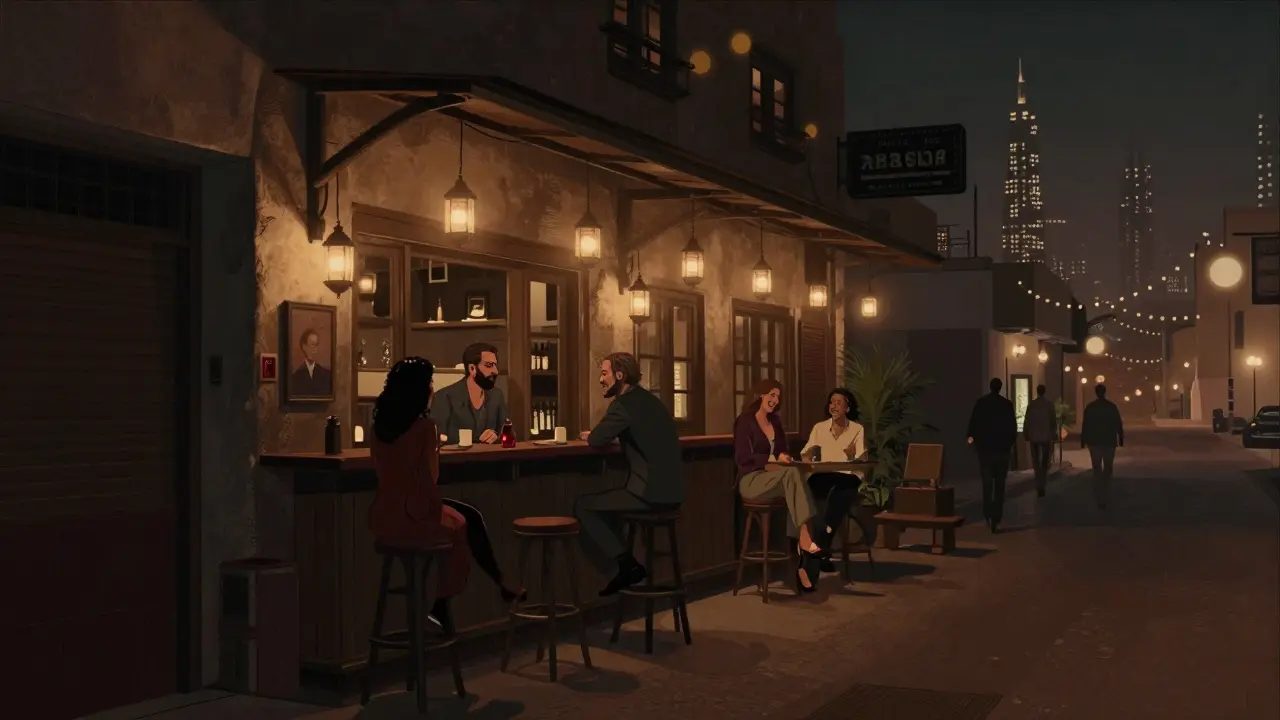 Cozy jazz bar in Alserkal Avenue at night, warm lights and city skyline visible through the windows.