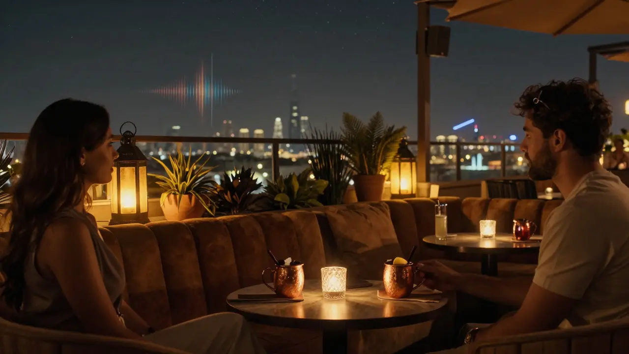 Cozy rooftop lounge with velvet couches, couple drinking cocktails under soft lantern light at night.
