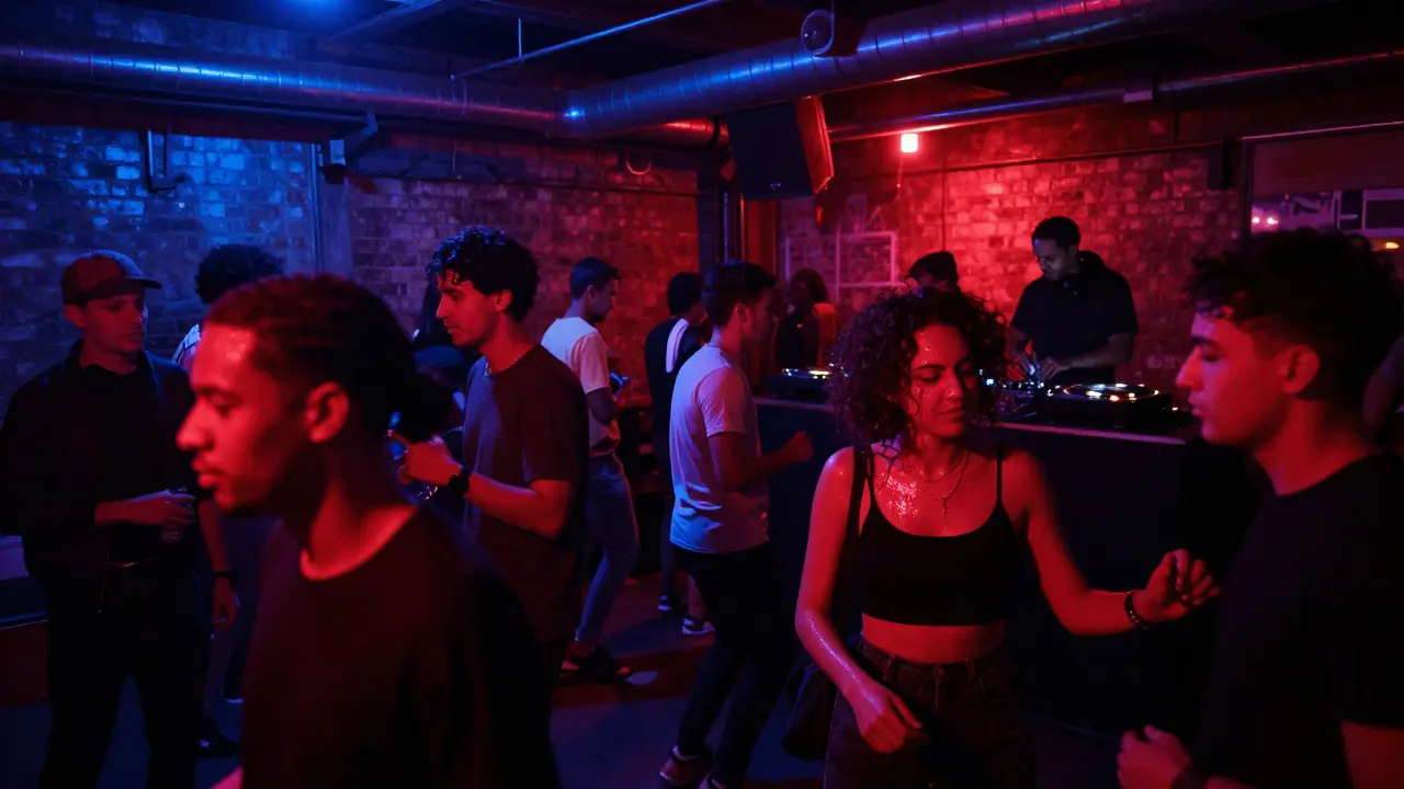 Crowd dancing in a dark underground warehouse club with pulsing colored lights and industrial walls.
