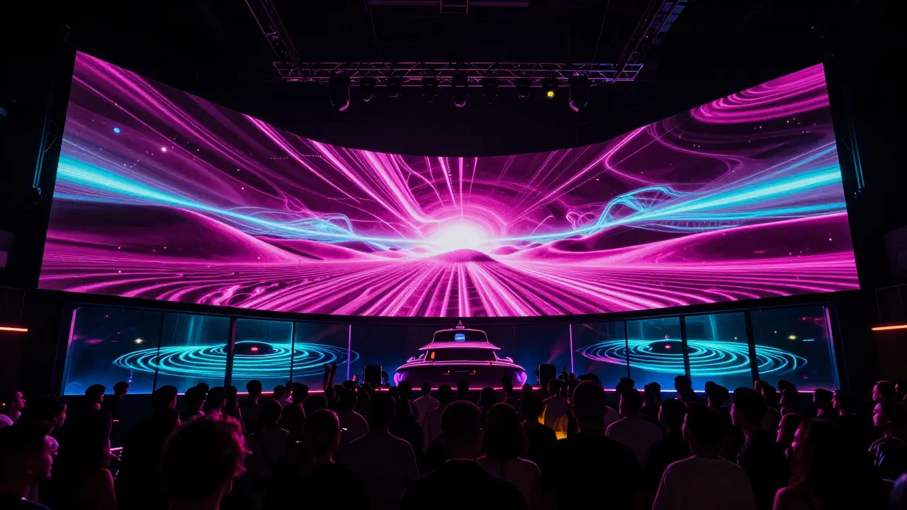 Dancers under a massive LED wall at Rebel nightclub, neon lights pulsing with electric desert themes.
