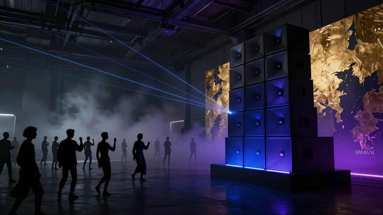 Dark underground club with laser lights and dancers silhouetted against glowing speakers.