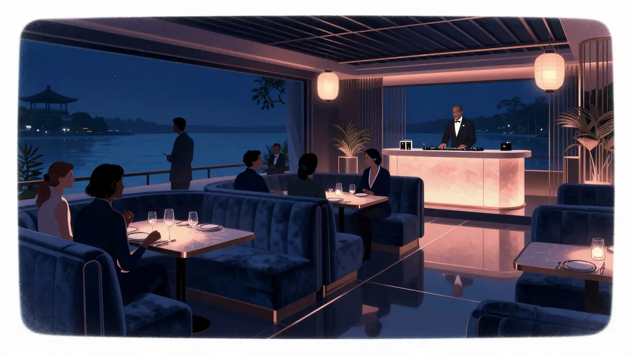 Elegant guests at Zuma nightclub on a terrace overlooking the sea, illuminated by soft ambient lighting.