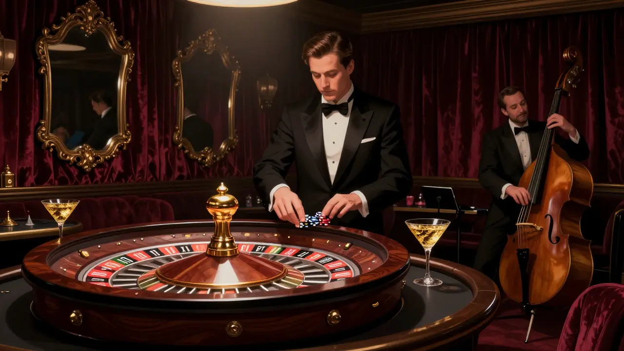 Exclusive gaming room with velvet drapes, tuxedoed dealer, and jazz trio in dim, luxurious ambiance.
