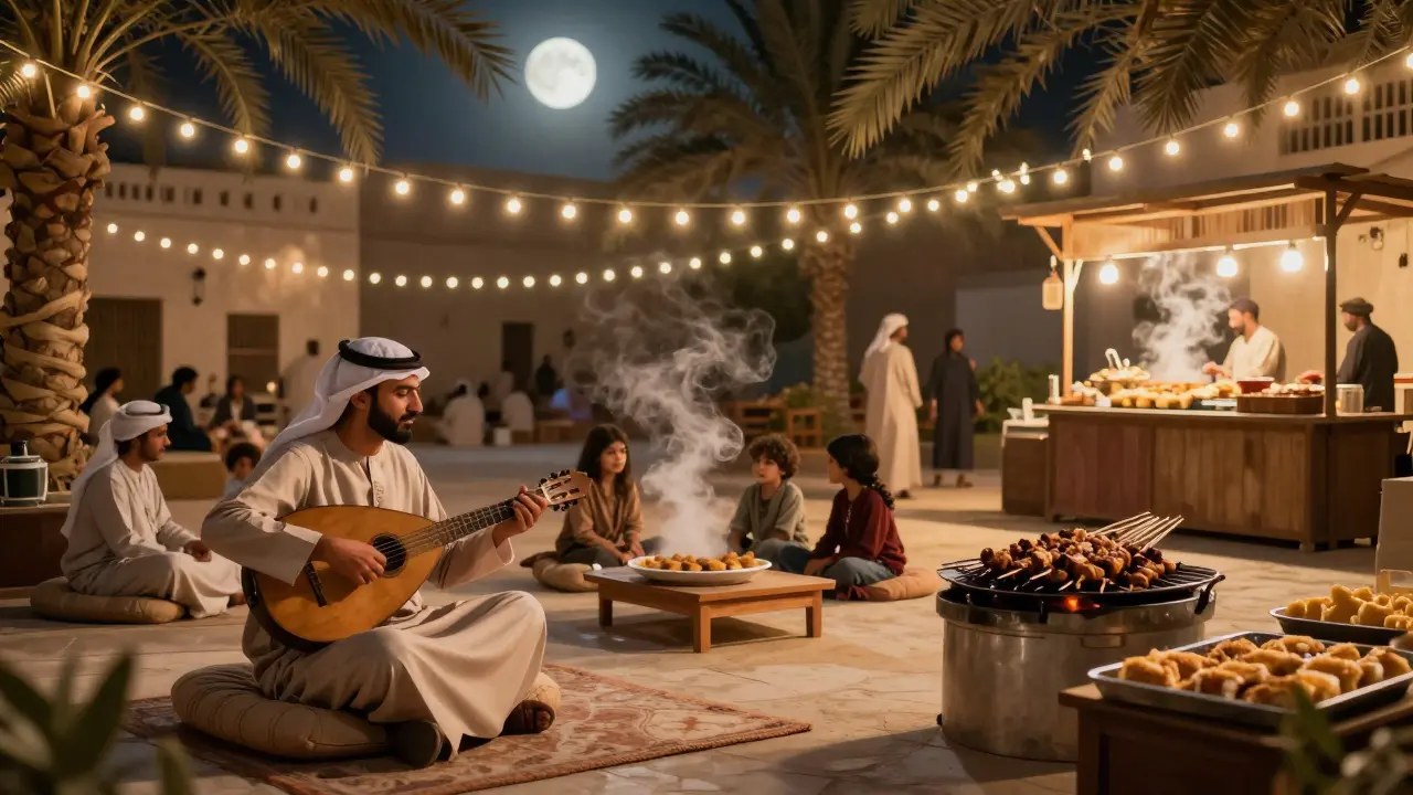Families enjoying traditional music and food under string lights at Al Qasba cultural night.
