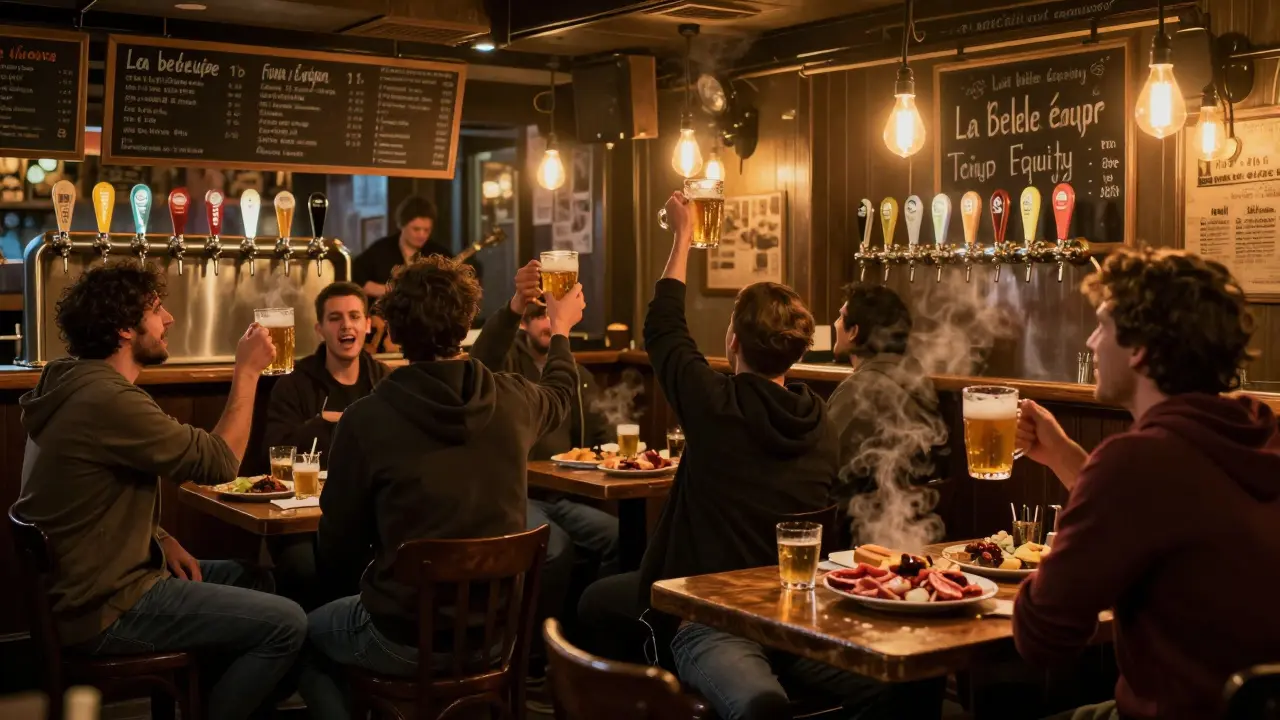 Friends laughing in a cozy Parisian pub, raising beer pitchers under warm lighting with charcuterie on the table.