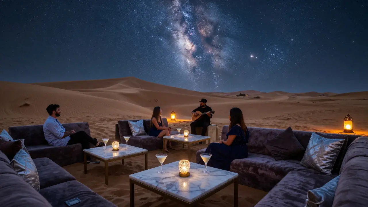 Guests relax on velvet couches under a starry desert sky at Al Maha’s tranquil lounge, lit only by lanterns and moonlight.