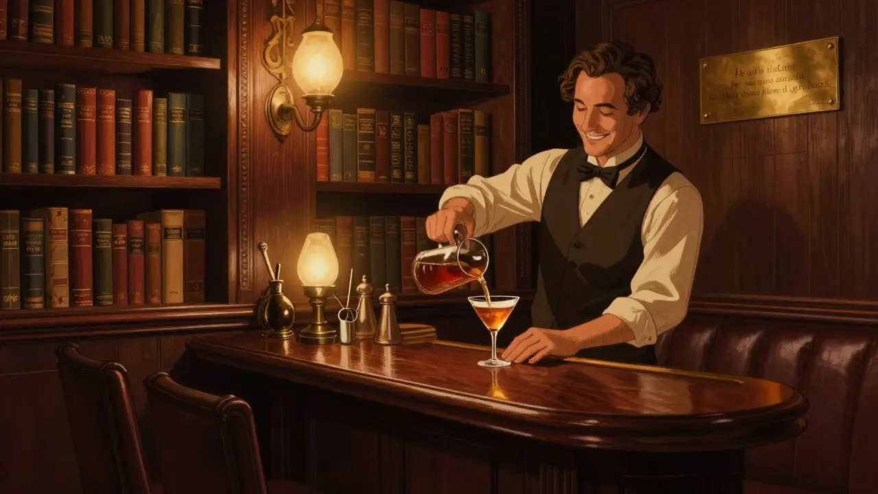 Hidden 1920s-style speakeasy bar with leather booths, dim lamps, and a bartender pouring cocktails.