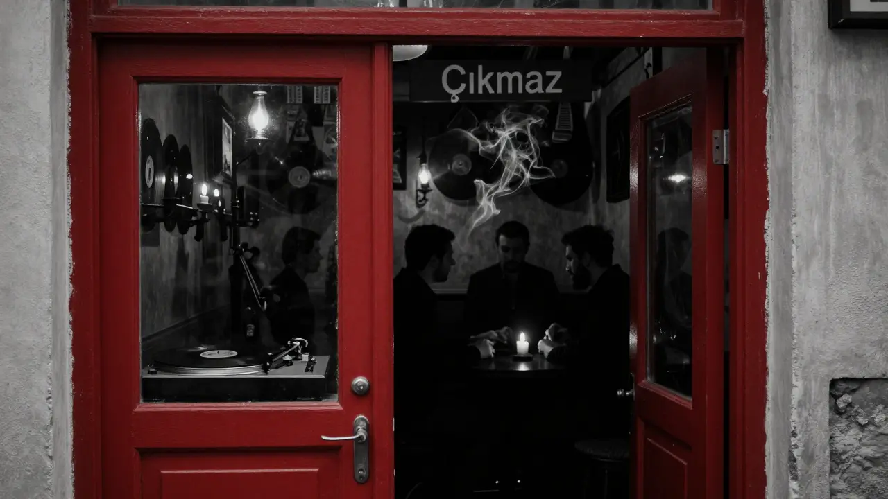 Hidden alley bar with a red door, lit by candlelight, musicians and poets gathered in intimate conversation.