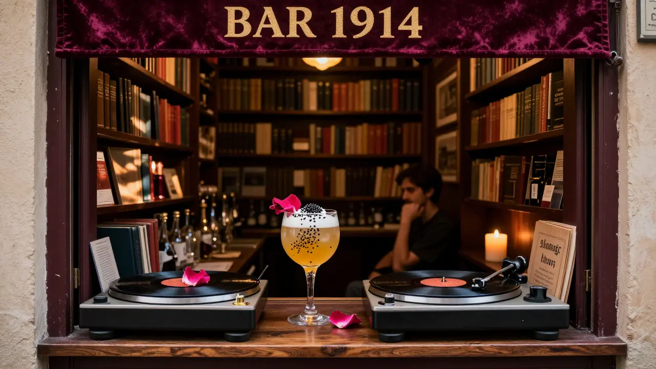 Hidden bar interior with velvet couches, vinyl records, and a cocktail with a rose petal floating inside.