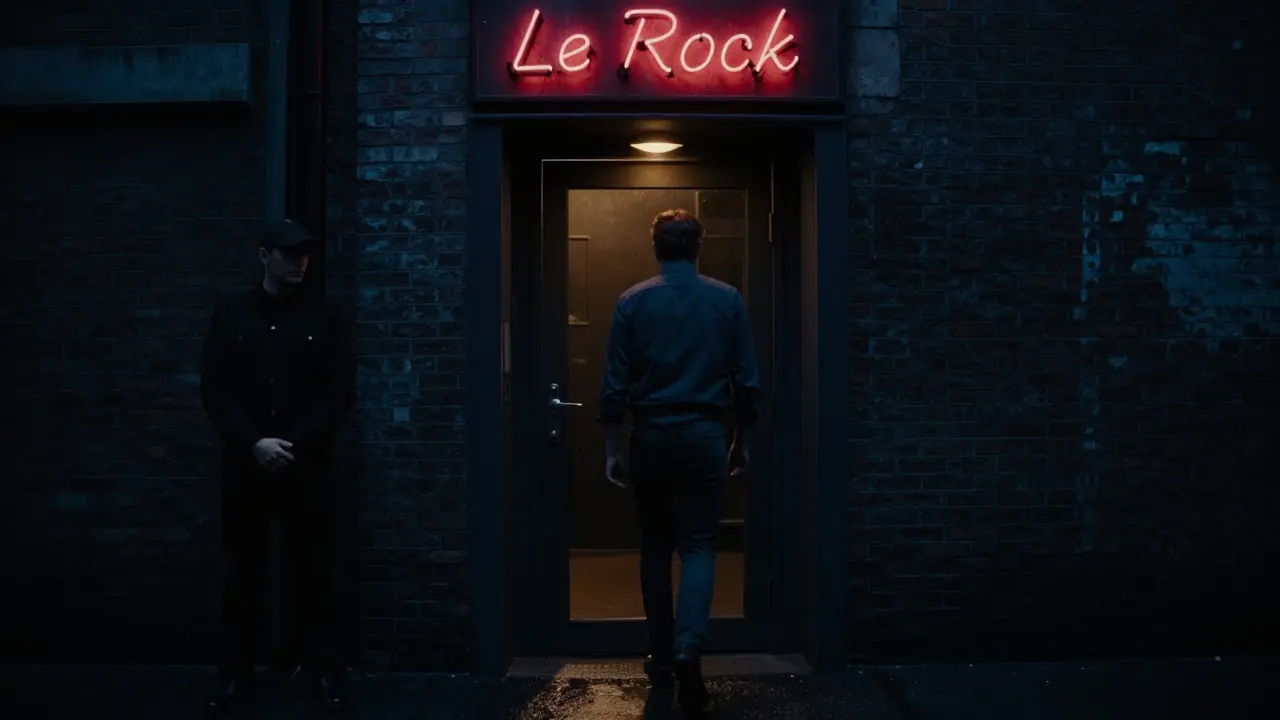Hidden entrance to Le Rock nightclub in a dim alley, lone figure approaching, no signs, moody blue-black tones.