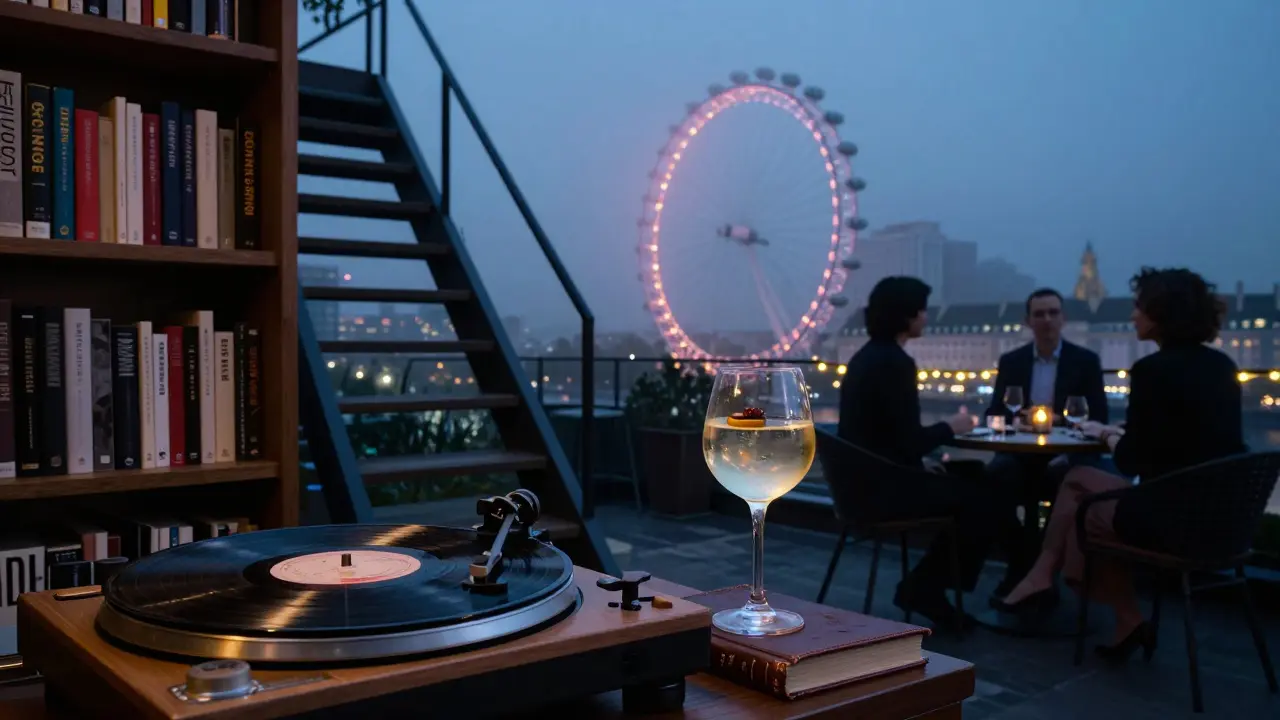 Hidden rooftop bar at Hide with vinyl record and glowing London Eye in distance.