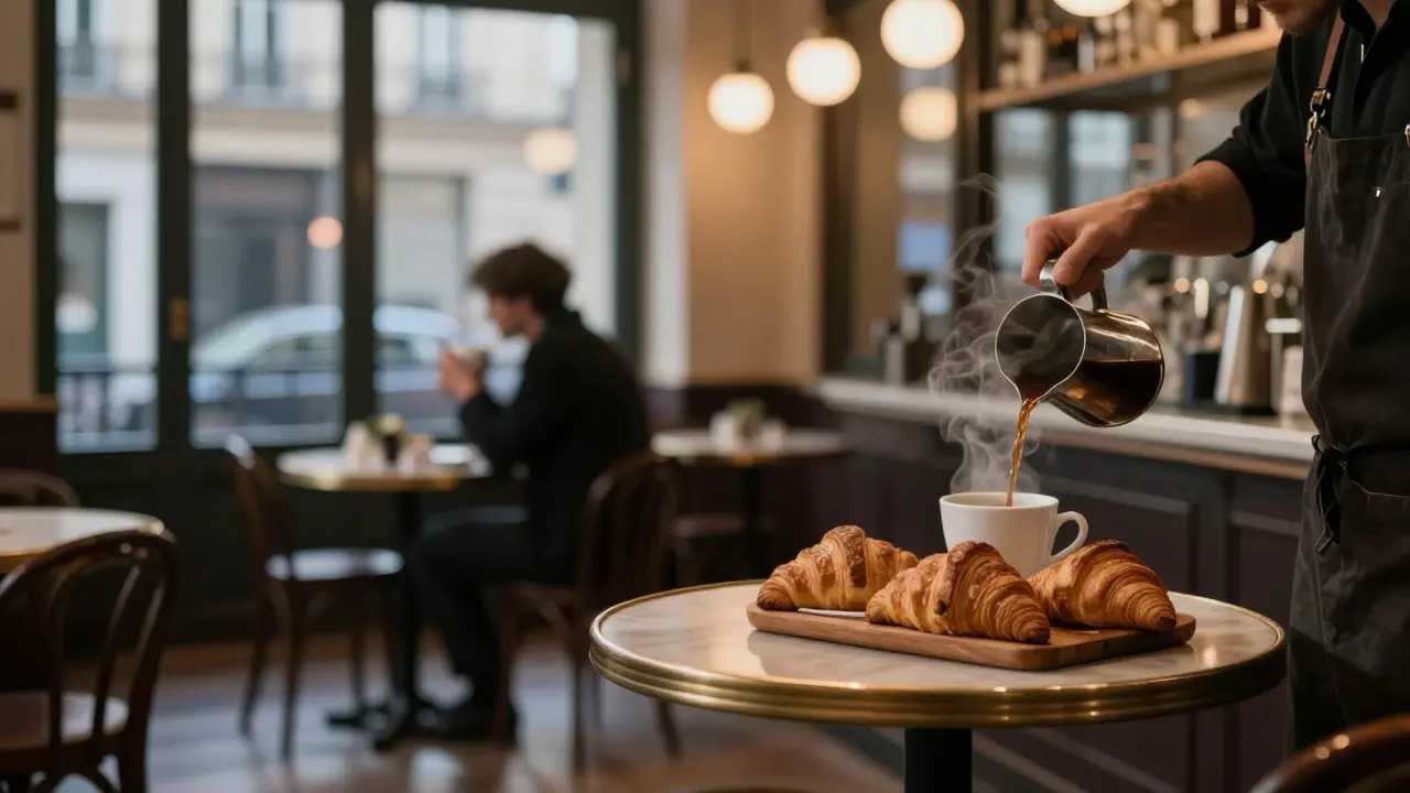 Le Café de Paris at 3 a.m., barista pouring coffee, fresh croissants, quiet patron at dawn with no phones.