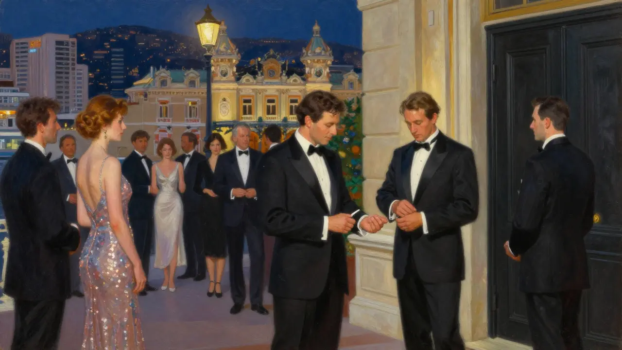 Long line of impeccably dressed guests outside Jimmy’z nightclub at night, Monaco skyline in the background.