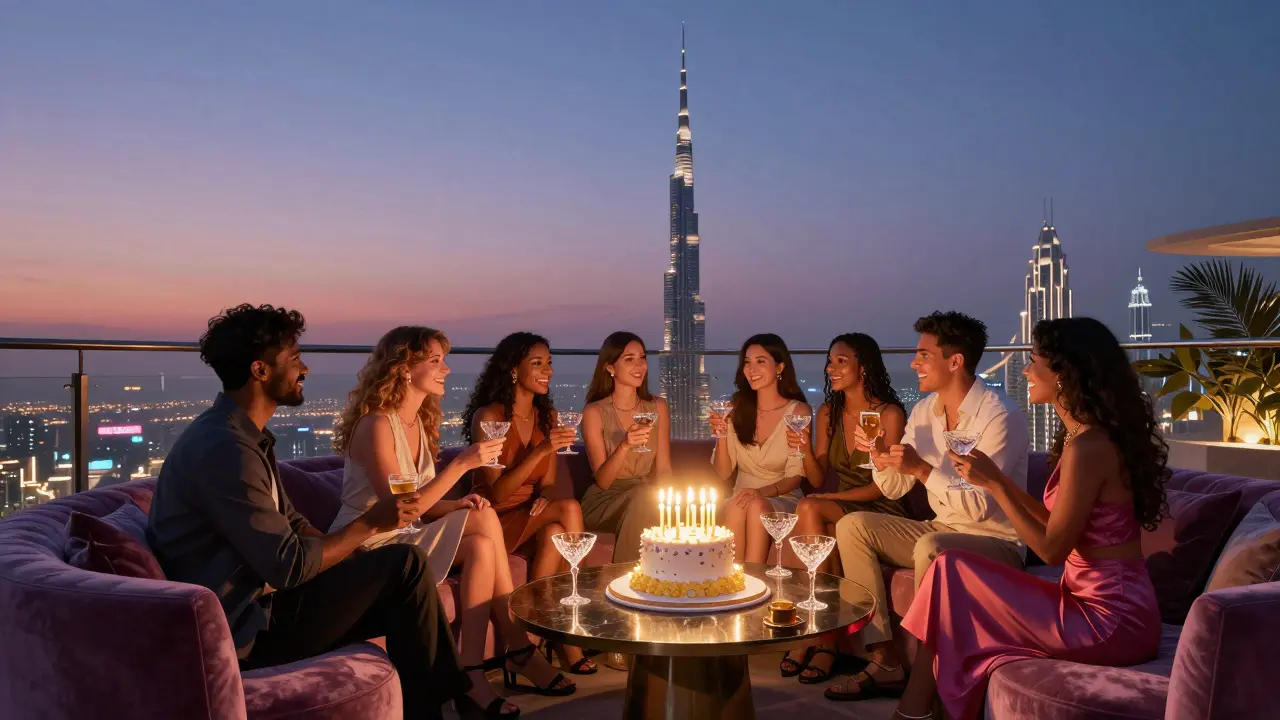 Luxurious rooftop birthday celebration at Level 43 with a Burj Khalifa-shaped cake and city lights in the background.