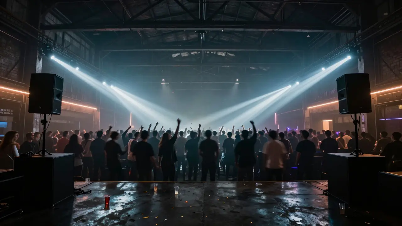 Massive warehouse club at night, dense crowd dancing under strobing lights in a haze of smoke.