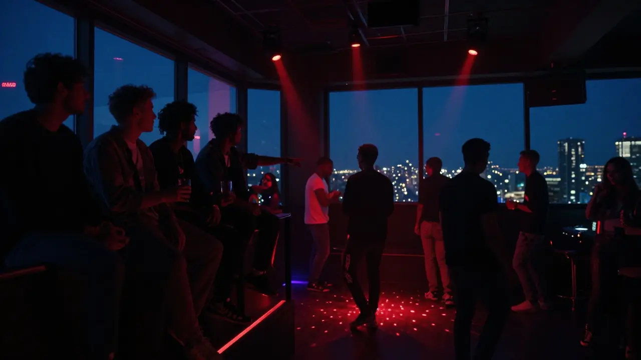 Men on a balcony at a dimly lit nightclub, watching the dance floor below with city lights in the distance.