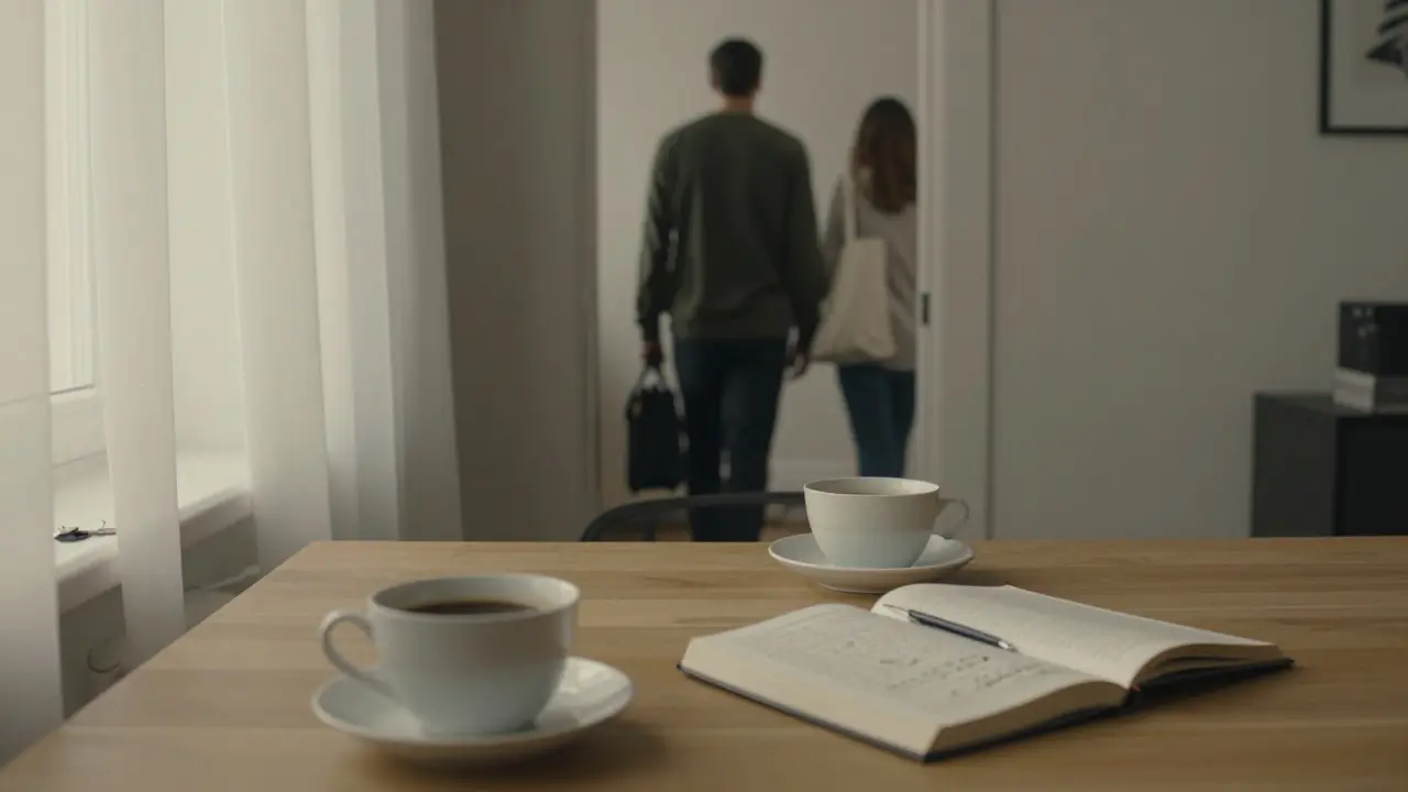 Morning light in a private Berlin apartment, coffee cups and a book on a table, figures leaving through a doorway.
