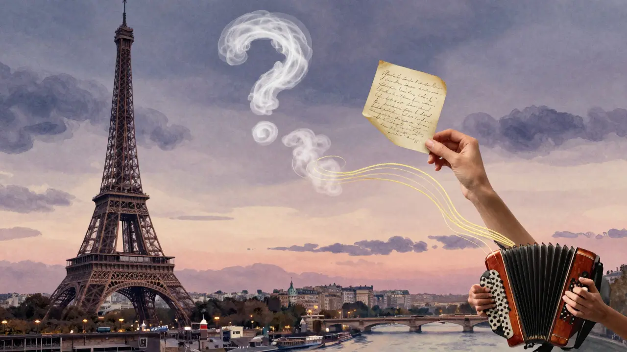 Paris skyline with steam and music visualized as swirling threads connecting to a handwritten note.