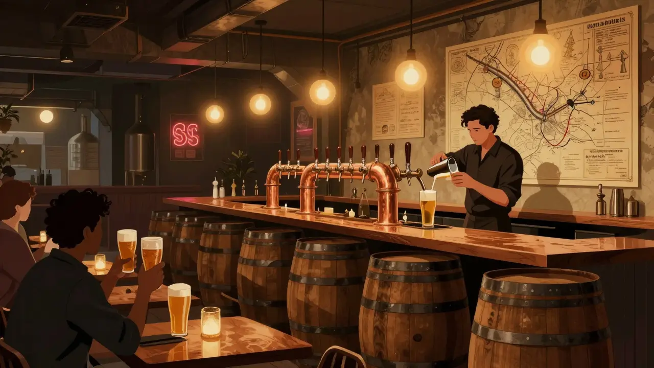 Patrons enjoying craft beers at a warm, wood-paneled lounge with copper taps and soft lighting.